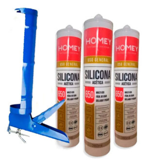 3 Silicona Acetica Transparente 280ml + Pistola Calafatera